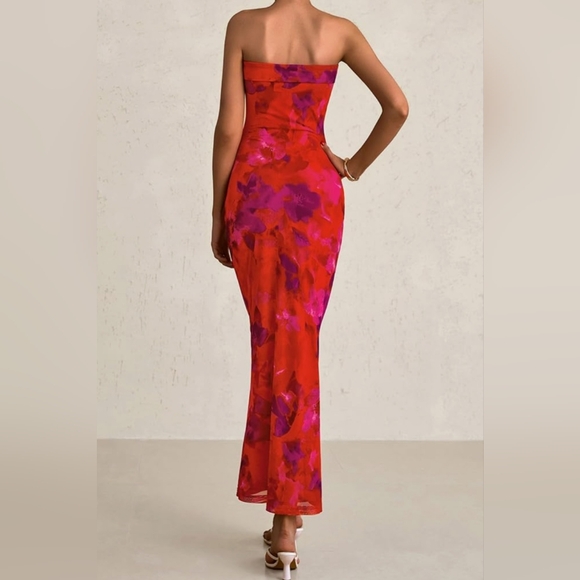 NWT. Pretty Garden Elegant Red and Purple Floral Bodycon Tube Party Dress - Picture 3 of 11